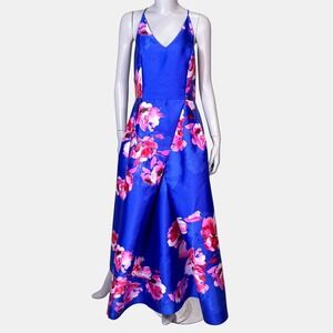 By & By Cobalt Blue & Pink Floral Corset Tie Maxi Dress Size M Pockets Hoco Prom